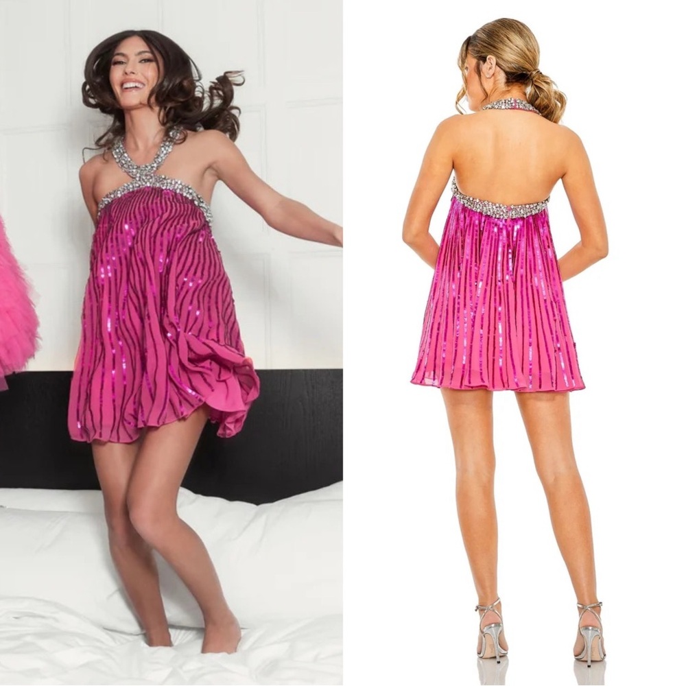 NWT Mac Duggal 10996 High Neck Open Back Embellished Trapeze Dress